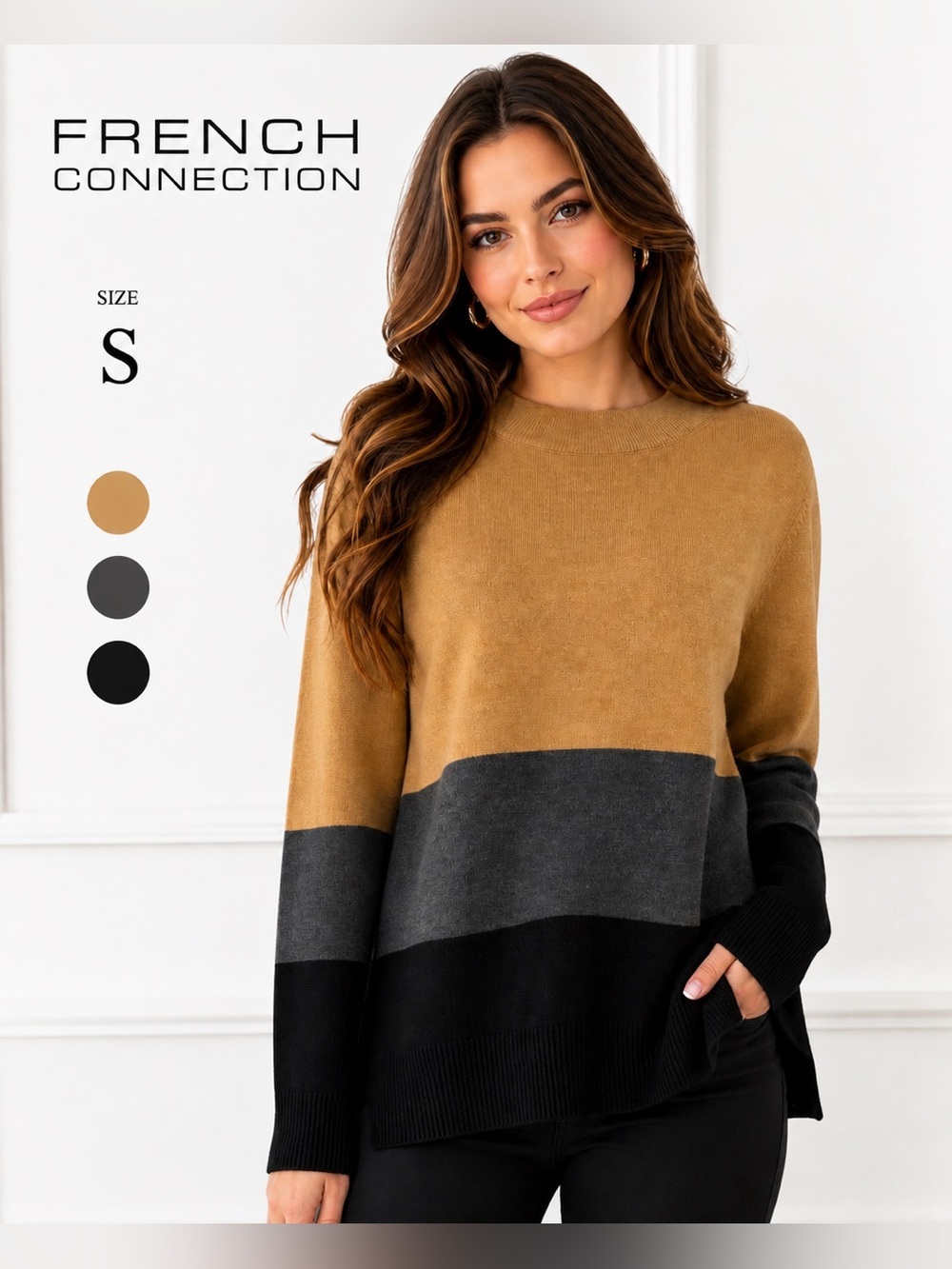 French Connection Colorblock Sweater Size S Neutral Tan Gray Black Knit